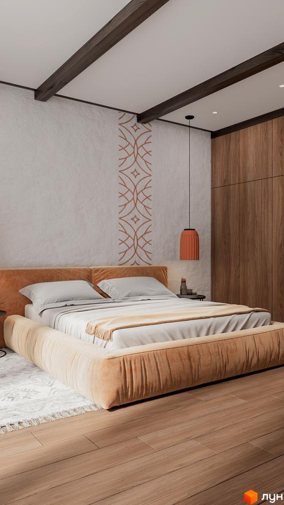 Спальня в ЖК Guta Nova з великим ліжком, дерев'яними балками на стелі та шафою. Стіни з декоративним візерунком.