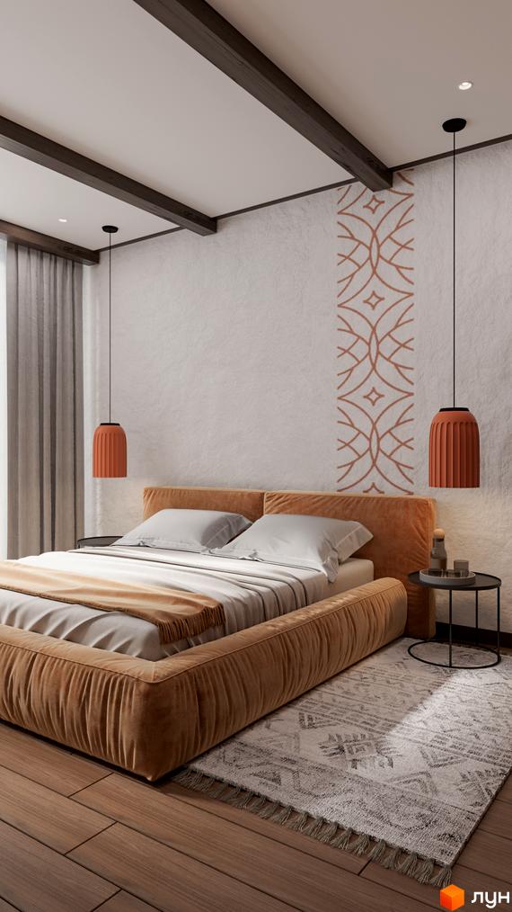 Спальня в Guta Nova з ліжком, дерев'яними балками на стелі та акцентною стіною. Інтер'єр доповнюють підвісні світильники та килим з візерунком.