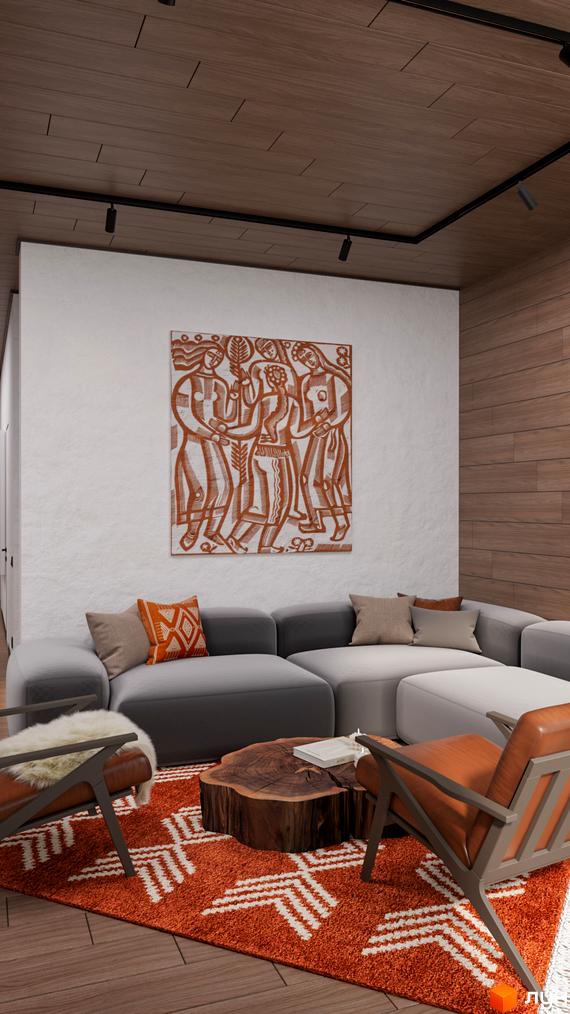 Інтер'єр вітальні з картиною на стіні, диваном, дерев'яним журнальним столиком та килимом з геометричним візерунком.
