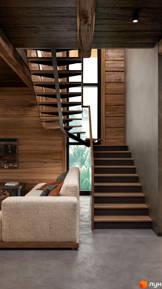 Інтер'єр будинку з дерев'яним оздобленням, сходами та м'яким диваном. Вигляд внутрішнього простору житла з елементами дизайну.