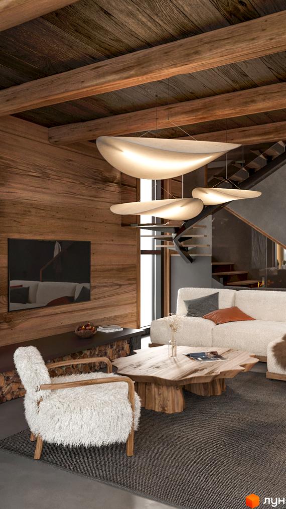 Інтер'єр вітальні з дерев'яними стінами та стельовими балками, білими м'якими меблями та дерев'яним столом у Guta Nova.