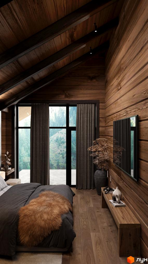 Інтер'єр спальні з дерев'яним оздобленням стін та стелі. У кімнаті велике вікно з видом на ліс та гори.