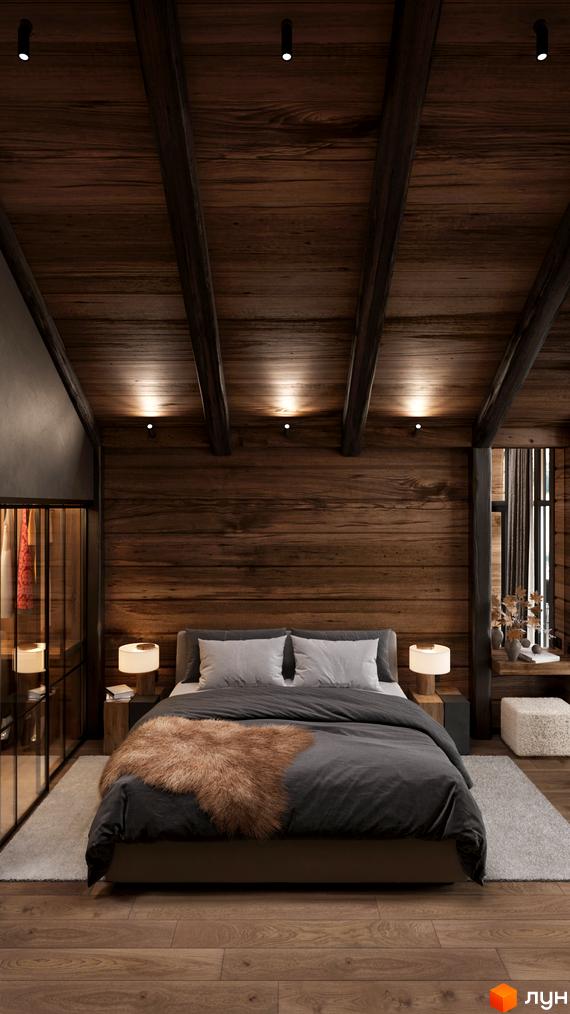 Інтер'єр спальні з дерев'яною обробкою стін та стелі. У кімнаті велике ліжко з приліжковими тумбочками та шафа-купе.