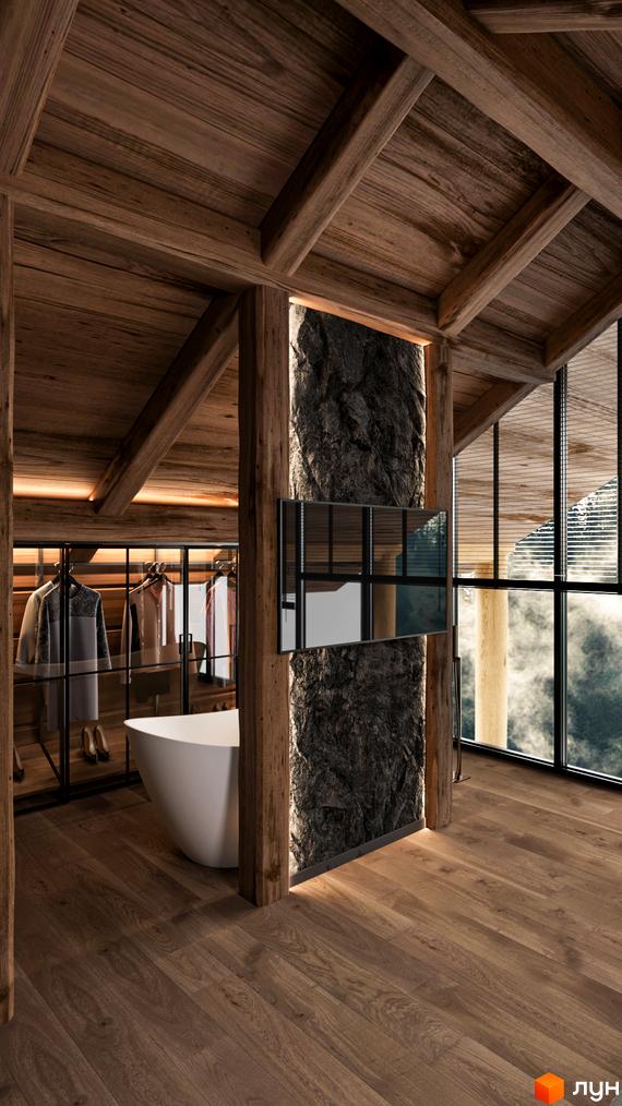 Інтер'єр Guta Nova: кімната з дерев'яними балками, ванною, гардеробом та панорамними вікнами на гори.