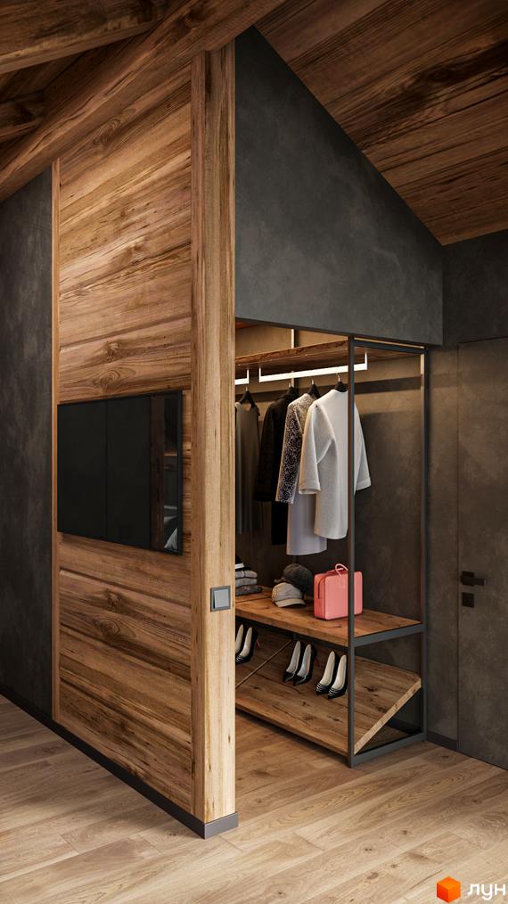 Guta Nova: Інтер'єр спальні або гардеробної з дерев'яними панелями, вбудованим телевізором та відкритою системою зберігання одягу.