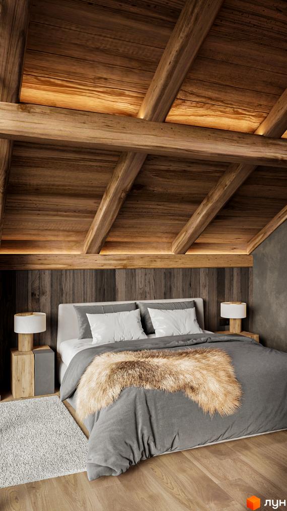 Інтер'єр спальні з дерев'яним оздобленням стелі та стін. Ліжко з сірою постіллю і хутряним покривалом.