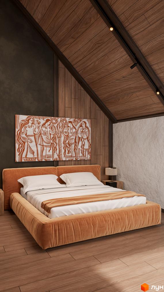 Спальня в житловому комплексі Guta Nova з дерев'яною стелею, підлогою та стінами. Велике ліжко з м'яким узголів'ям та художнє панно над ним.