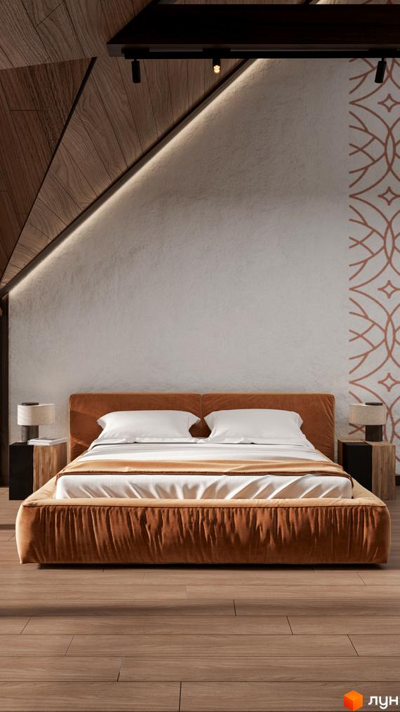 Спальня в Guta Nova з дерев'яними елементами стелі та підлоги, м'яким ліжком та текстурованою стіною.
