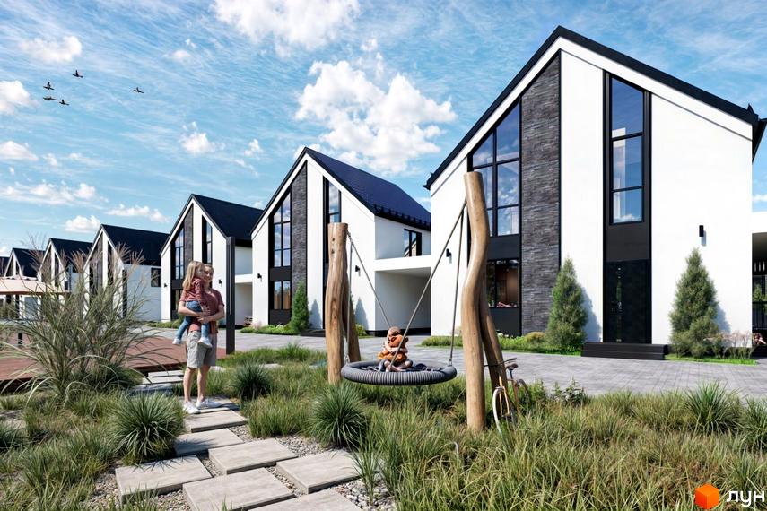 Котеджне містечко DESNA HOMES: білі будинки з чорними дахами та темними фасадами. Прибудинкова територія з зеленими насадженнями та дитячим майданчиком.