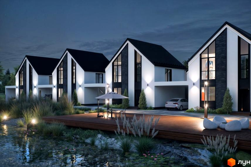 Котеджне містечко DESNA HOMES: Білі будинки з чорними дахами та великими вікнами ввечері. Дерев'яна тераса біля водойми з підсвічуванням.