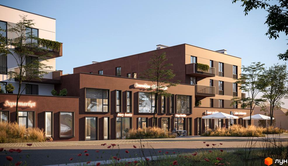 Житловий комплекс SUMMERSTONE VILLAGE з коричневими та білими фасадами, балконами та вітринами магазинів. Навколо зелені насадження та зона відпочинку з парасольками.