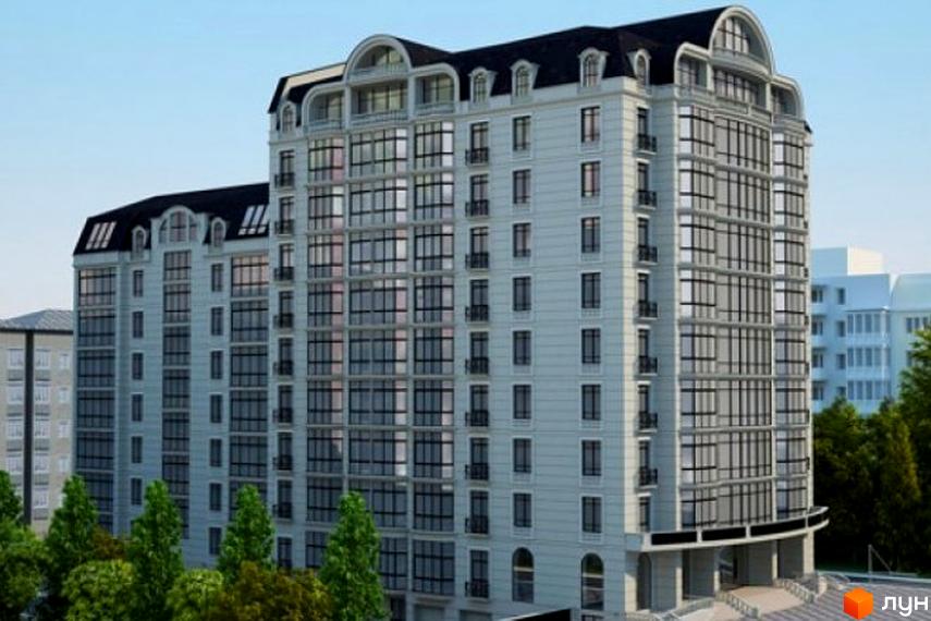 Зображення фасаду Житлового комплексу Трiумф. Багатоповерхова будівля з великими вікнами та темним дахом на фоні блакитного неба.