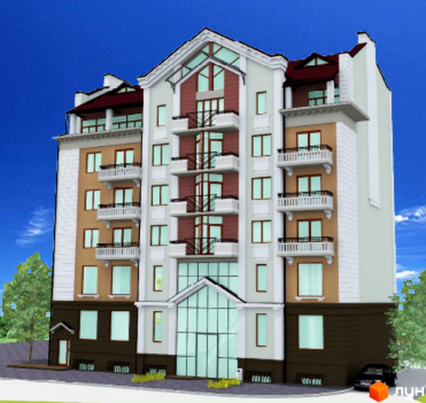 Зображення фасаду будинку Житлового комплексу Вектор. Багатоповерхова будівля з балконами та великими вікнами на фоні блакитного неба.