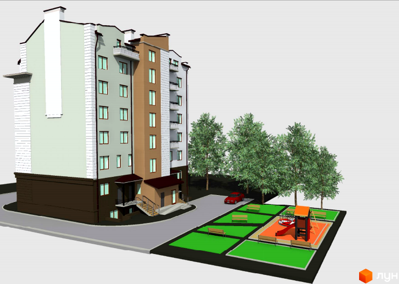 Зображення будинку в Житловому комплексі Вектор. На території є дитячий майданчик, дерева, лавки та парковка для автомобілів.