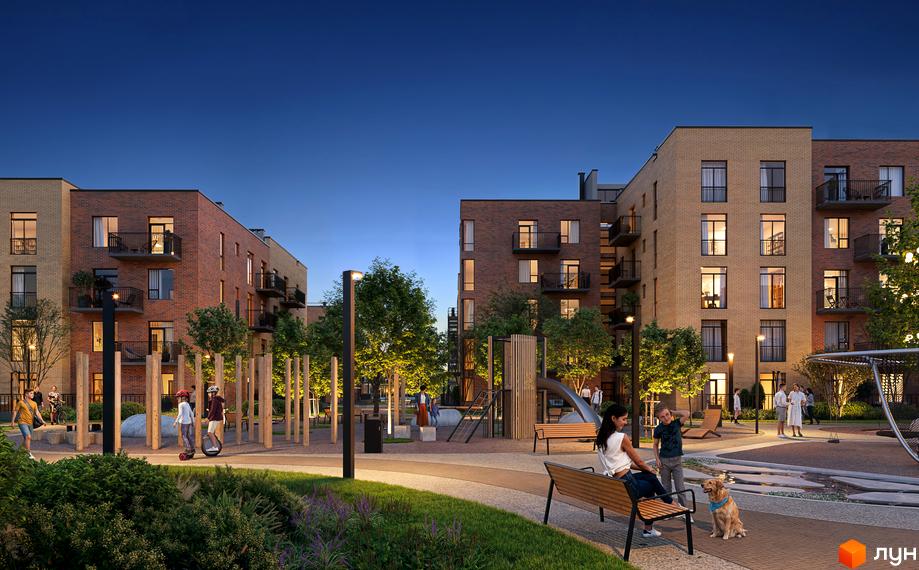 Житловий комплекс Долішній з цегляними будинками та балконами. На території дитячий майданчик, лавки та зелені насадження.