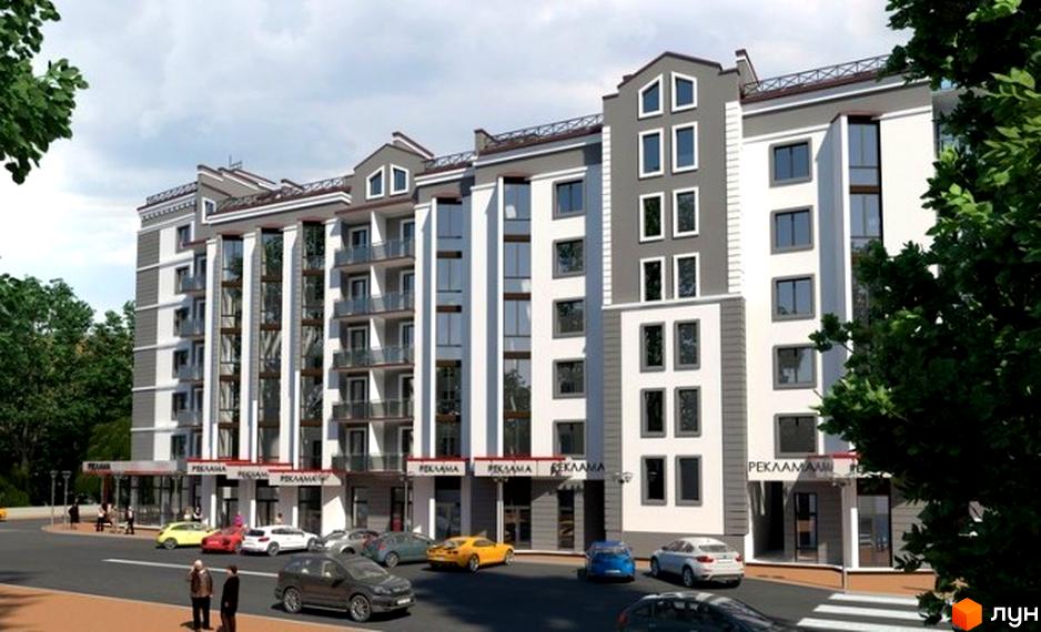 Зображення фасаду Житлового комплексу Перспектива. Багатоповерхова будівля з великими вікнами та балконами, поруч припарковані автомобілі.