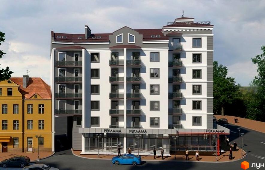 Зображення фасаду Житлового комплексу Перспектива. Багатоповерховий будинок з балконами та панорамними вікнами на першому поверсі.