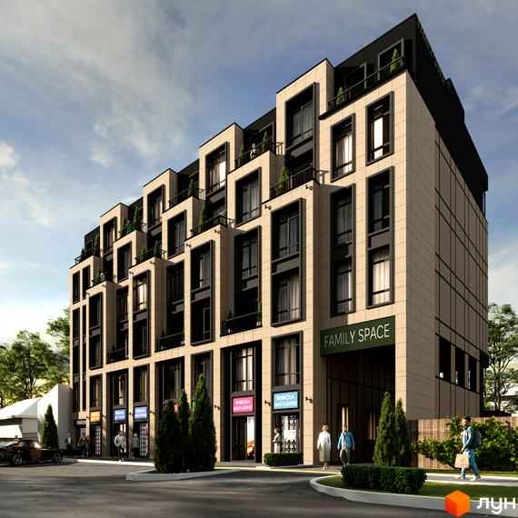 Екстер'єр житлового комплексу Family Space з фасадом з світлої плитки та темними віконними рамами. Перед будинком розташована прибудинкова територія з деревами та тротуаром.