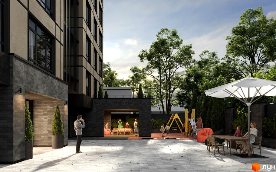 Житловий комплекс Family Space з фасадом з темної цегли та зоною відпочинку з дитячим майданчиком та парасолькою.