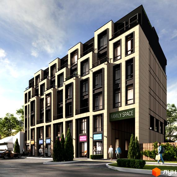 Новобудова Family Space з фасадом з світлої плитки та темними вікнами. Біля будинку облаштована прибудинкова територія з деревами та тротуаром.