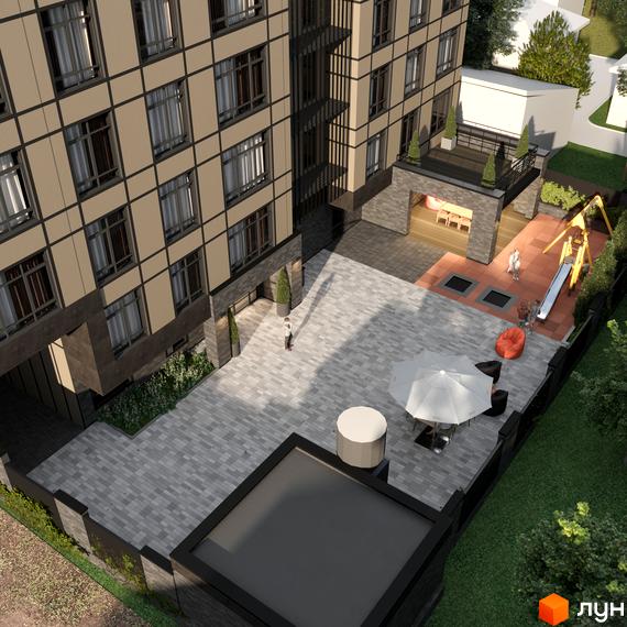 Житловий комплекс Family Space з фасадом у світлих тонах та сірими елементами, що має прибудинкову територію з дитячим майданчиком та місцями для відпочинку.