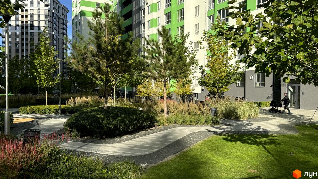 Зелені фасади новобудови ЖК City Park та доглянута прибудинкова територія з пішохідними доріжками та деревами.