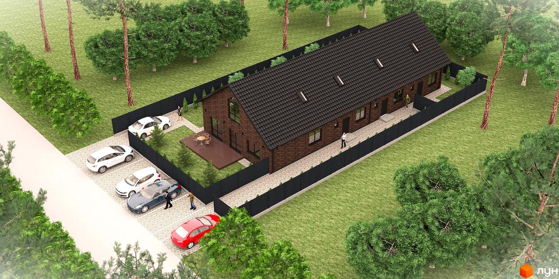 Зображення Котеджного містечка Одноповерховий Київ - Зубра. Візуалізація будинку з червоної цегли з темним дахом та прибудинковою територією.