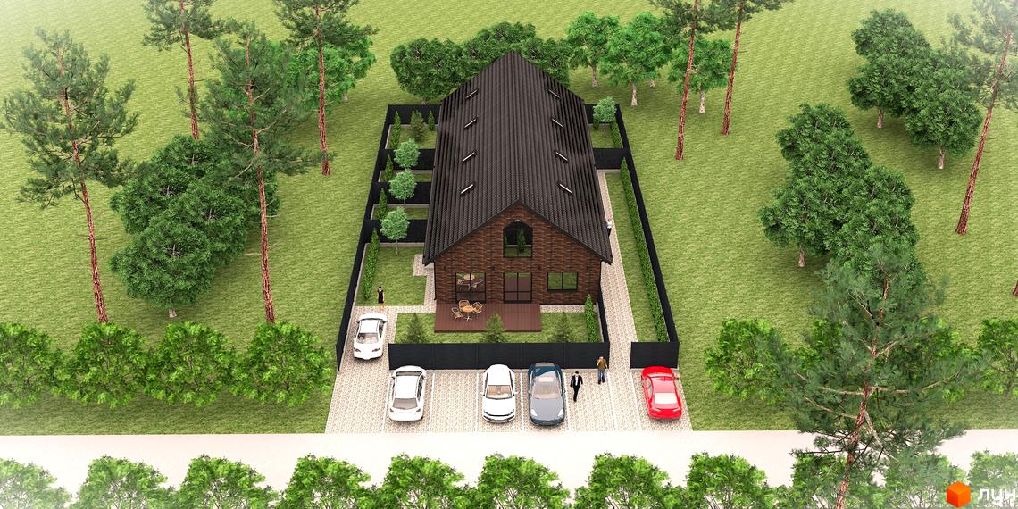 Зображення будинку в Котеджному містечку Одноповерховий Київ - Зубра з чорним дахом та прибудинковою територією.