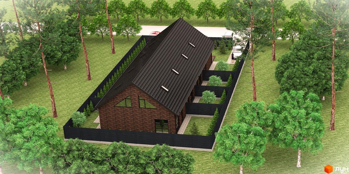 Котеджне містечко Одноповерховий Київ - Зубра: цегляний будинок з темно-коричневим дахом та мансардними вікнами. Навколо будинку зелені насадження та велика галявина з деревами.