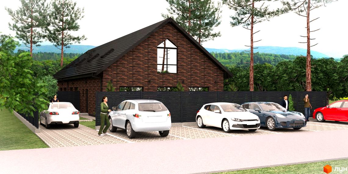 Зображення Котеджного містечка Одноповерховий Київ - Зубра. Вигляд будинку з червоної цегли та припарковані автомобілі.