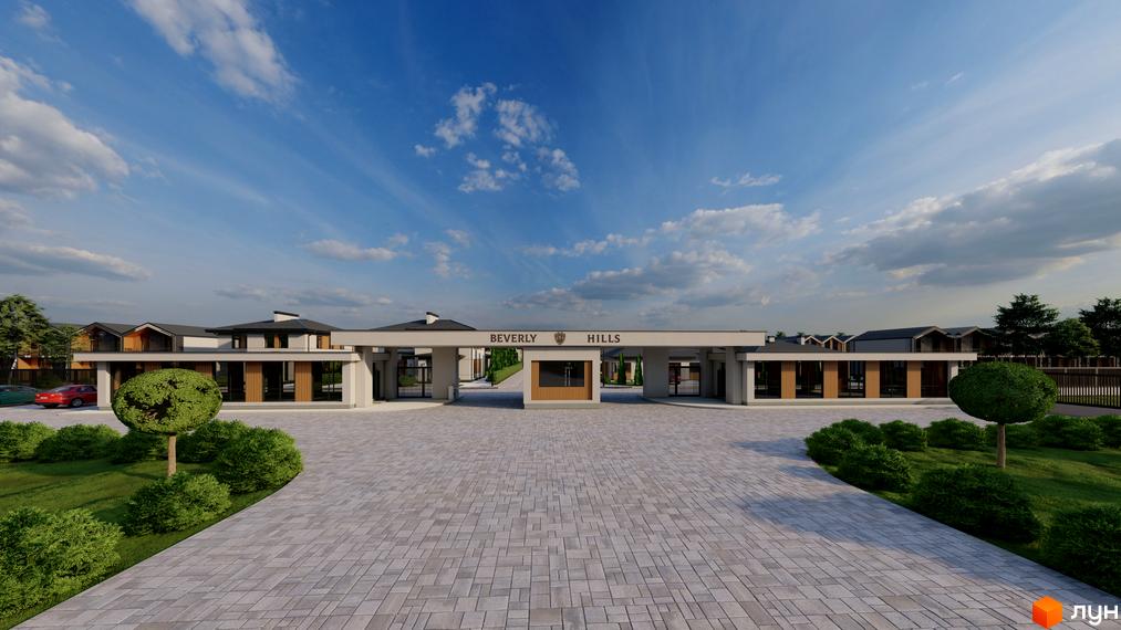 Зображення в'їзду до Котеджного містечка Beverly Hills Town. Вигляд на будівлі та доглянуту територію.