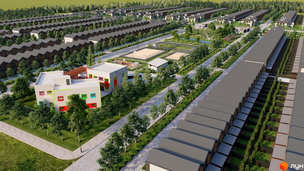 Зображення Котеджного містечка Beverly Hills Town з будинками та прибудинковою територією. Вигляд на дитячий майданчик, дерева та дорогу.