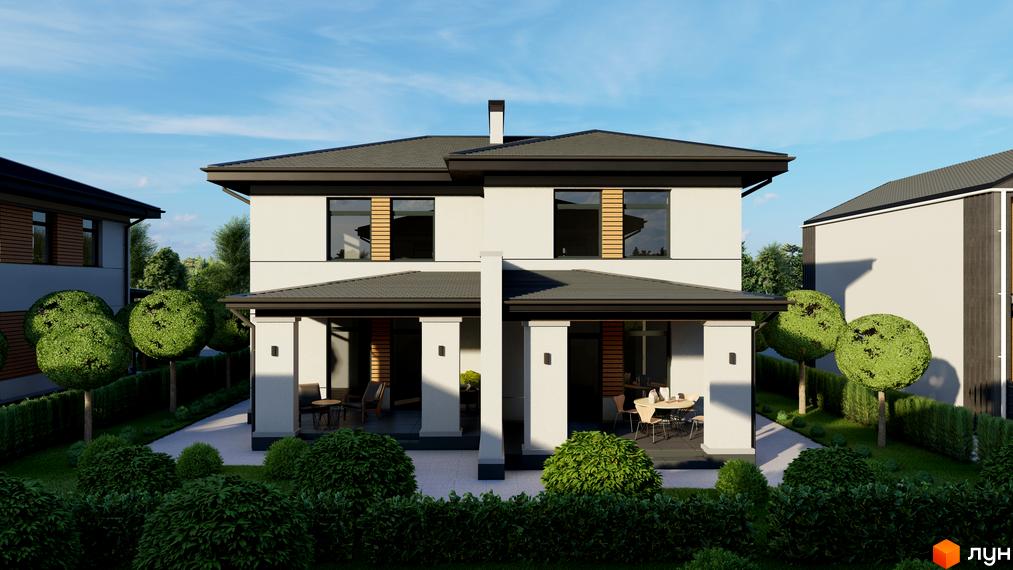 Котеджне містечко Beverly Hills Town: двоповерховий дуплекс зі світлими стінами та темним дахом, оточений зеленими насадженнями.