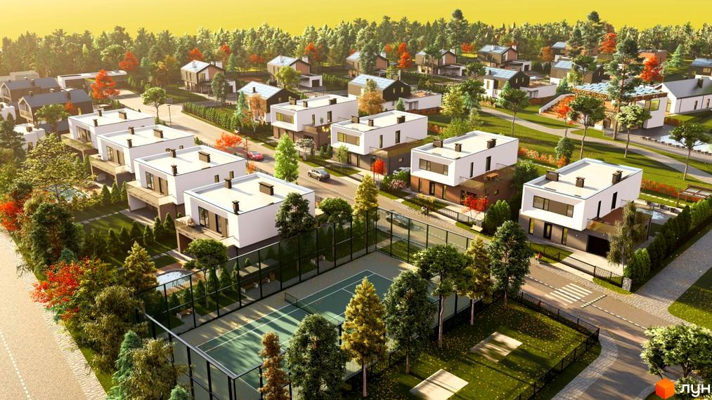 Аерофотографія Котеджного містечка OZON Village: білі двоповерхові будинки з темними нижніми поверхами, оточені зеленими насадженнями та тенісним кортом.