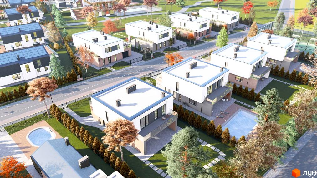 Котеджне містечко КМ OZON Village. Сучасні будинки з пласкими дахами та великими вікнами, огороджена територія з басейном та зеленими насадженнями.