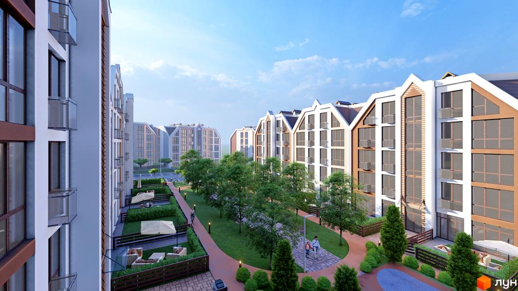 Новобудова Smart Residence з багатоповерховими будинками та доглянутою прибудинковою територією з деревами та зонами відпочинку.