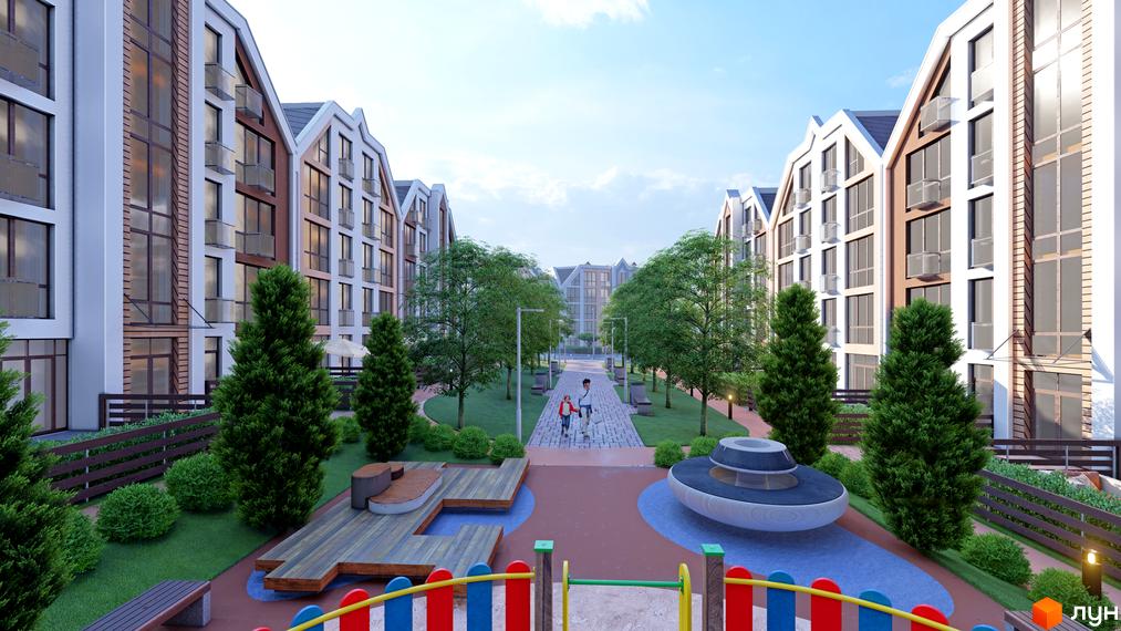 Житловий комплекс Smart Residence з архітектурою у вигляді будиночків та доглянутою прибудинковою територією з дитячим майданчиком.
