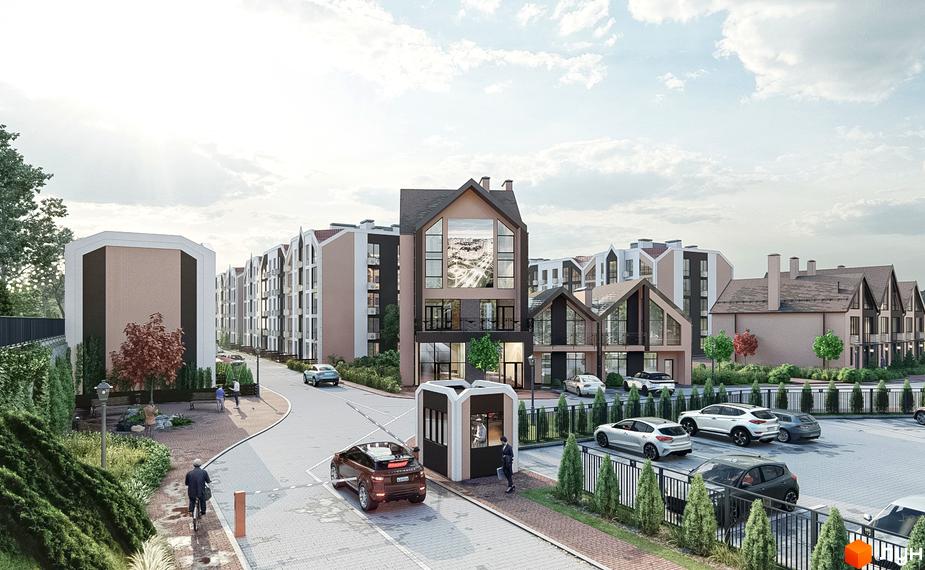 Зовнішній вигляд новобудови ЖК Smart Residence з парковкою та прибудинковою територією. Комплекс має сучасну архітектуру та зелені зони.