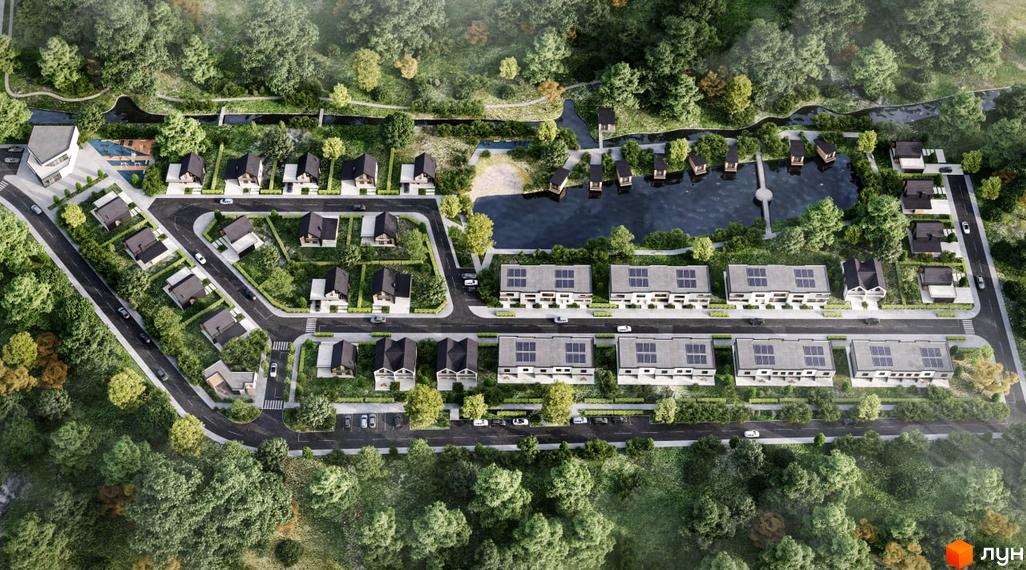 Котеджне містечко Плескіт: вид згори на будинки з сонячними панелями та прибудинкову територію з озером та зонами відпочинку.