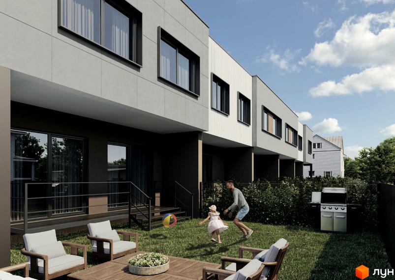 Котеджне містечко КМ Плескіт: сучасні будинки з великими вікнами та доглянутим подвір'ям, де батько грається з дитиною.