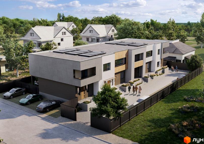 Котеджне містечко КМ Плескіт. Сучасні таунхауси з пласкими дахами та сонячними панелями, огороджена територія з паркомісцями та зеленими насадженнями.