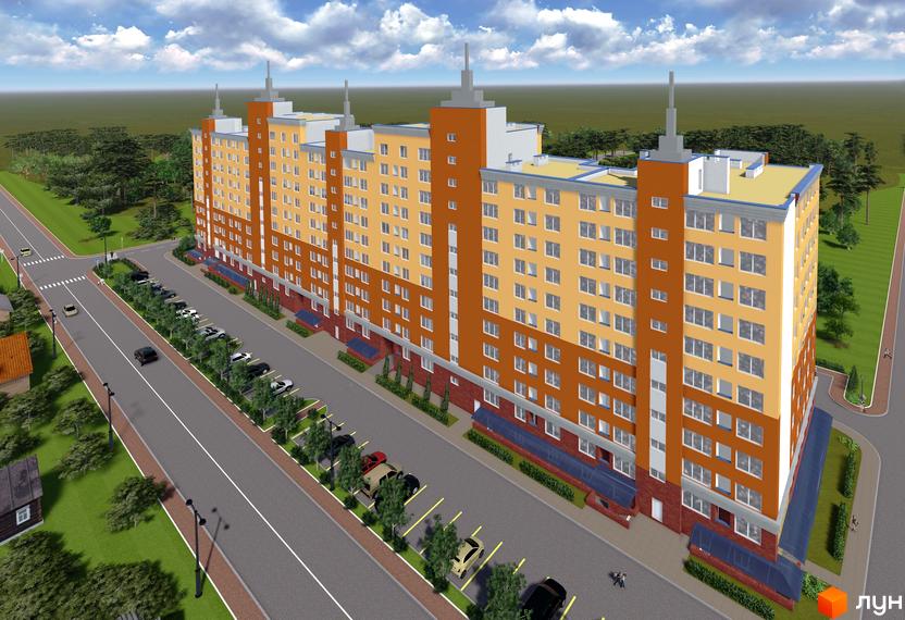 Зображення фасаду та прибудинкової території Новобудови Вишневий затишок. Багатоповерховий будинок з парковкою та озелененням вздовж дороги.