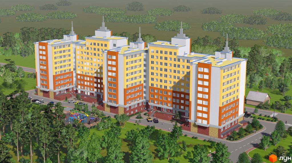 Зображення Житлового комплексу Вишневий затишок. Вигляд на багатоповерхові будинки з жовто-помаранчевими фасадами та дитячий майданчик.