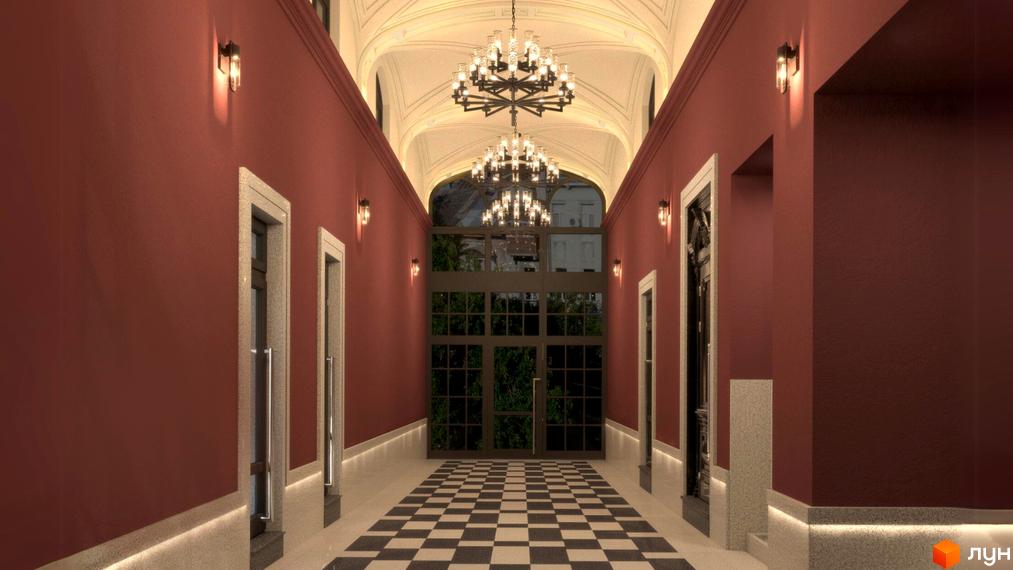 Просторий вестибюль Житлового комплексу Гімназист з червоними стінами, підлогою у шахову клітинку та великими люстрами.