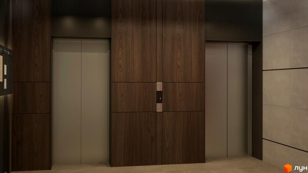 Інтер'єр ліфтового холу Житлового комплексу Гімназист з двома ліфтами, оздоблений дерев'яними панелями та світлою плиткою.