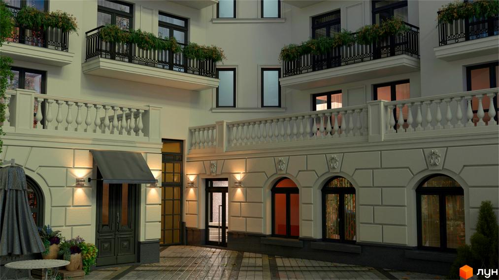 Зовнішній вигляд житлового комплексу Гімназист з балконами та вікнами, внутрішній двір з бруківкою та освітленням.