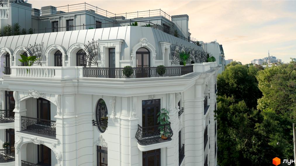 Житловий комплекс Гімназист: фасад білого будинку з класичними елементами, арковими вікнами та кованими балконами. Поруч розташовані зелені насадження.