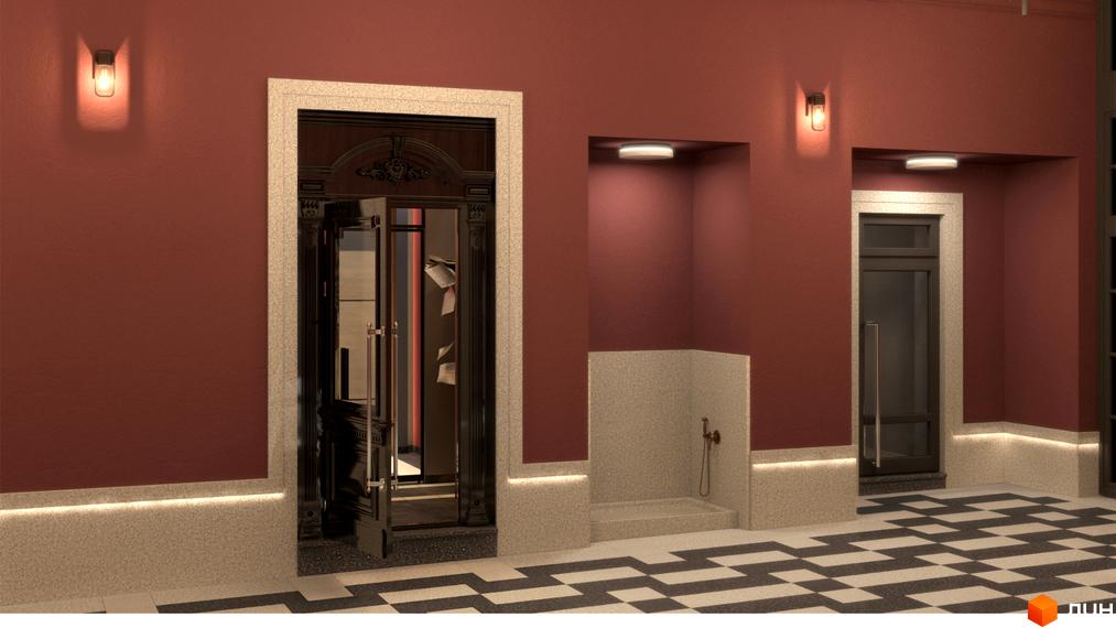 Вхідна група Житлового комплексу Гімназист: стіни теракотового кольору, підлога з чорно-білою плиткою, декоративне підсвічування. Видно вхідні двері та зону для миття.