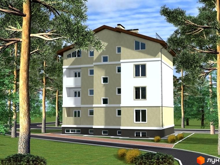 Зображення будинку на вулиці Щаслива (Фрунзе), 27. Вигляд фасаду та прибудинкової території Новобудови.