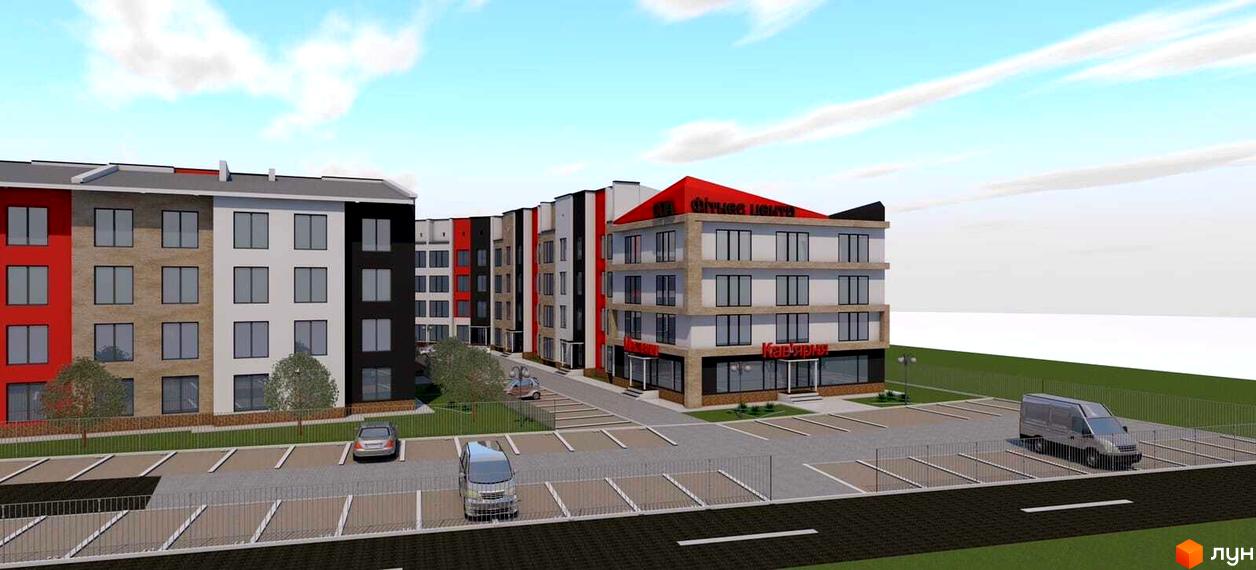 Зображення фасаду Новобудови Калина з парковкою та прибудинковою територією. Багатоповерхові будинки з кольоровими фасадами.